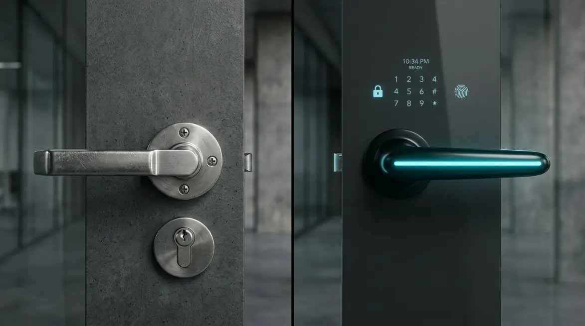 Comparison diagram showing a standard handle versus a high-tech smart integrated handle with LED illumination.